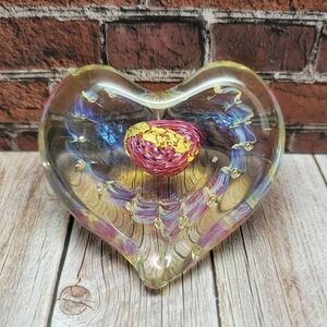 Art Glass Heart Diachroic Gold Red Paperweight Artist Signed Valentines